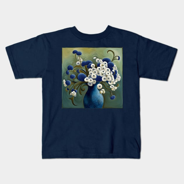 Cute Abstract Flowers in a Blue Vase Still Life Painting Kids T-Shirt by bragova